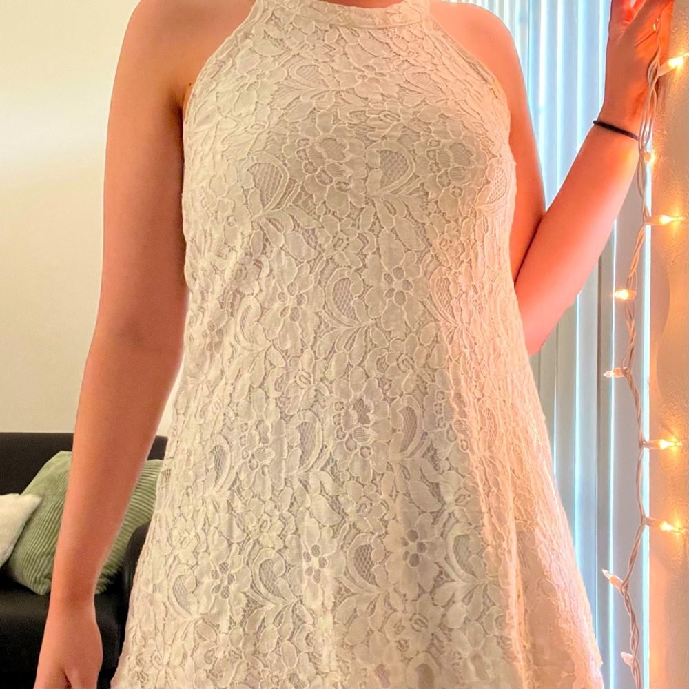 white lace mini dress with halter neck